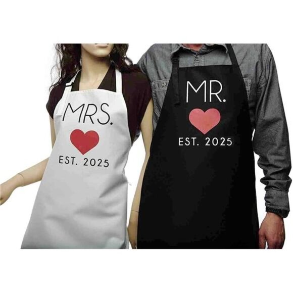 Mr. and Mrs. Couples Kitchen Aprons (2-Piece Set) Cute Cooking Bibs Wedding - Picture 7 of 7